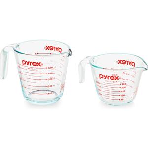 Pyrex 2 Piece Glass Measuring Cup Set, Includes 1-Cup, and 2-Cup Tempered Glass Liquid Measuring Cups, Dishwasher, Freezer, Microwave, and Preheated Oven Safe, Essential Kitchen Tools