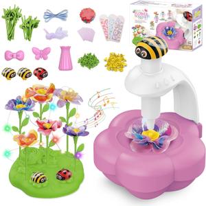 Fabric Flower Bouquets Toys with Light & Music, Deluxe DIY Arts and Crafts Kits for Kids 4-10 Year Old with Ribbons, Fridge Magnets, Greeting Cards, Birthday Gifts for Age 4 5 6 7 8 9 10 Girls (Pink)