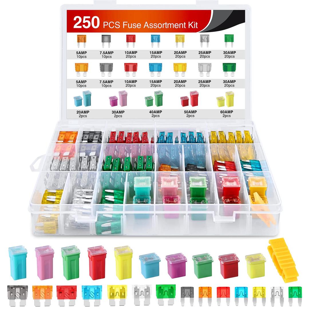 Nilight Blade Jcase Car Fuse Assortment Kit 5A 7.5A 10A 15A 20A 25A 30A Standard Mini Fuses 20A 30A 40A 50A 60A Low Tall STD Profile Fuses for Car Truck, 250PCS Fuses + Box fuses