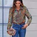 Zeagoo Button Down Shirts for Women Dressy Floral Printed Long Sleeve Blouse Business Casual Work Tops (L)