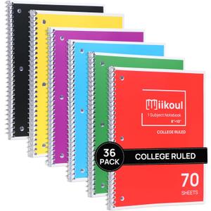 miikoul 1-Subject Notebook Bulk,36 Pack Spiral Notebook,College Ruled,8 x 10 Inch, 70 Sheets,3-Hole Punched Paper,Subject Notebooks for School& Office,Assorted Colors