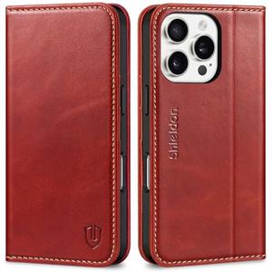 SHIELDON Wallet Case for iPhone 16 Pro 5G, Genuine Leather Magnetic Book Cover RFID Blocking Card Holder Kickstand Shockproof Phone Case Men Women Compatible with iPhone 16 Pro 6.3" 2024 - Retro Red
