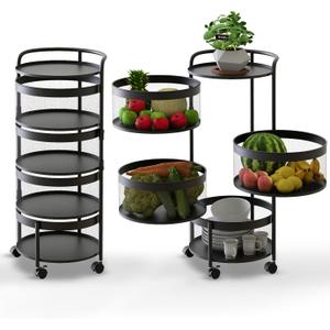 Rotating Kitchen Storage Rack No Assembly, 4-Tier Round Metal Storage Basket Shelves,Rotating Tower Organizer with Rolling Wheels with 4 Drawers for Fruit Vegetable Grocery(4-Tier, Black) 