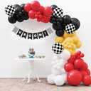 HOUSE OF PARTY Race Car Balloon Garland - 110 Pcs | Two Fast Birthday Decorations with Red Black White Yellow & Checkered Balloons with VROOM! Banner for Cars Party Decorations
