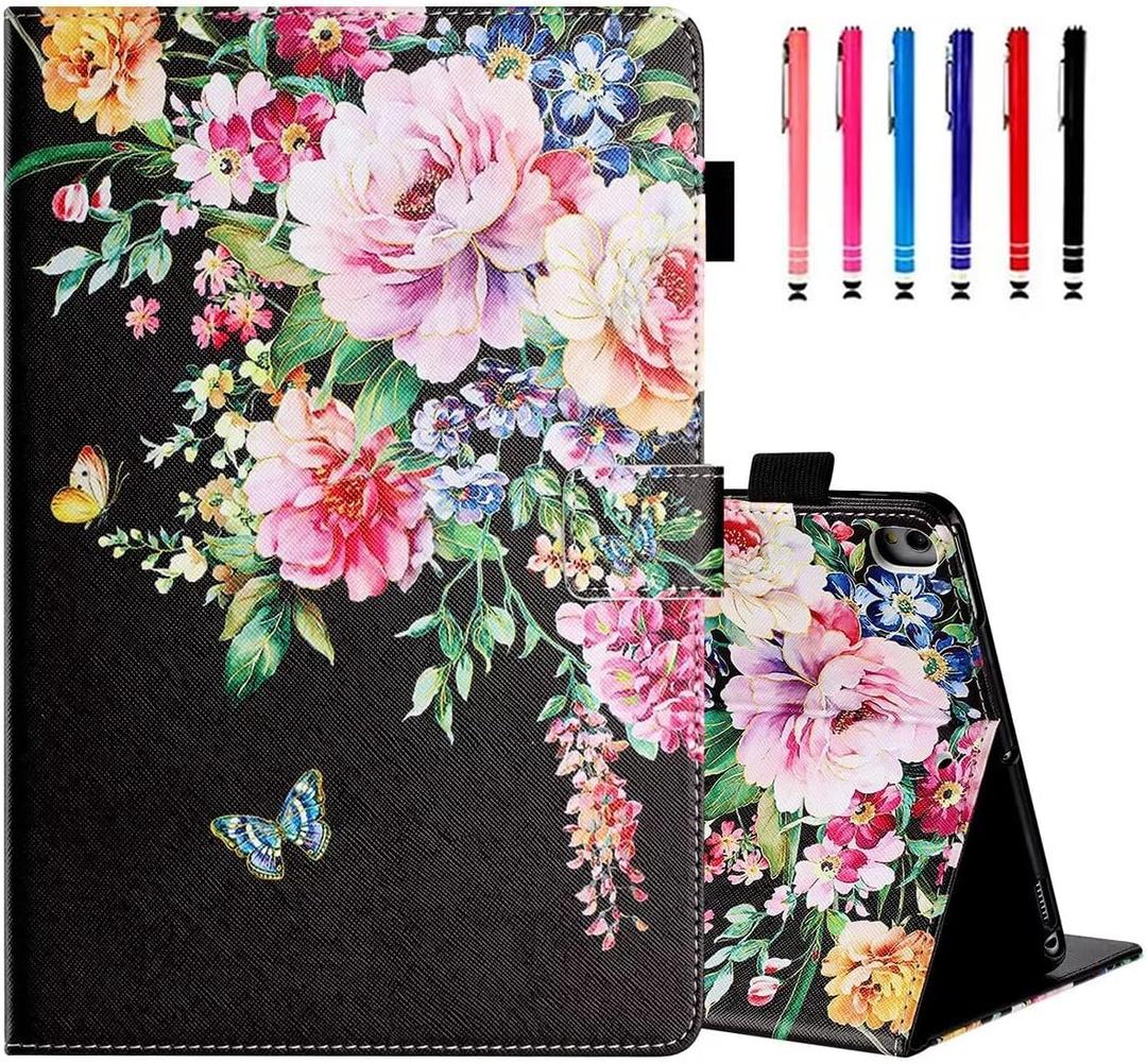 MonsDirect Case for iPad (A16) 11th Generation 11 Inch 2025 / iPad 10th Generation 10.9 Inch 2022, Slim Suede TPU Inner Cover with Stand, with Smart Auto Wake/Sleep & Pencil Holder, Black Peony