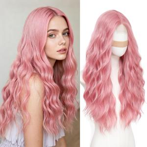 Beelu Pink Wigs for Women 26 Inch Long Wavy Wig Middle Part Lace Hairline Synthetic Heat Resistant Wig for Daily Party Cosplay Use