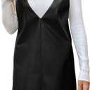 Milumia Women's Deep V Neck Leather Pinafore Overall Mini Dress Jumper Dresses (Black)