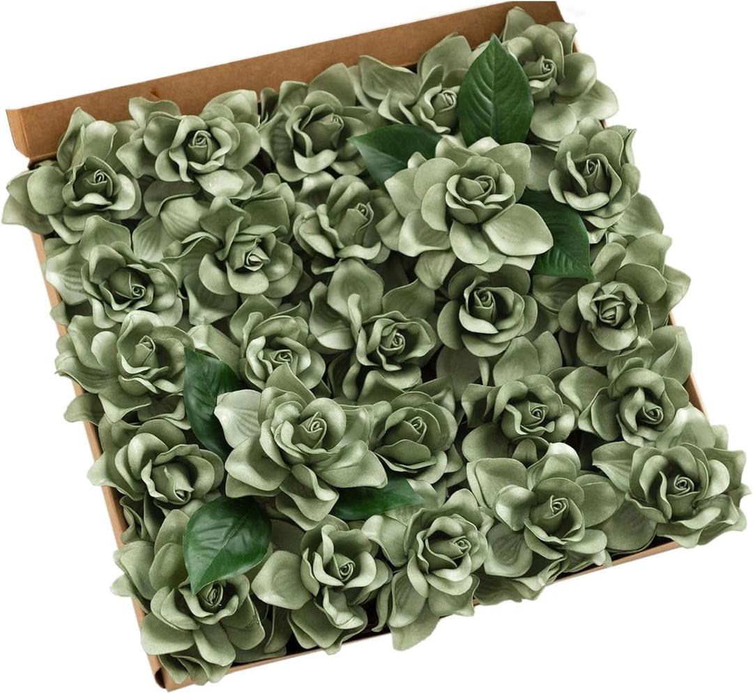 Ling's moment Flowers 25pcs Fake Gardenia Green Flowers Artificial Flowers with Stem, Fake Flower for DIY Wedding Decorations Centerpieces Bouquets BoutonnieresFlores Artificiales para Decoracion (Grn-olive Grove)