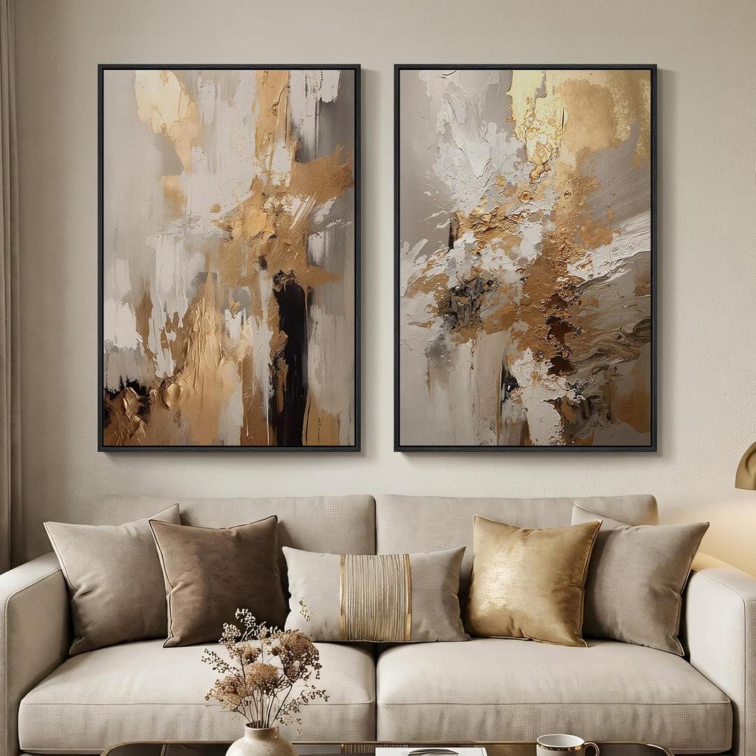 2 x Large Framed Neutral Abstract Wall Art, 2 Piece Modern Canvas Prints Paintings, Beige Gold Abstract Pictures for Living Room Hallway Dining Room Bedroom Office Wall Decor 24x36 In