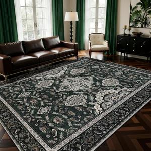 9x12 Area Rug Living Room Rugs, Stain Resistant Washable Rug, Vintage Large Non-Slip Backing, Low Pile Lightweight Print Rug for Bedroom Dinning Room Home Office (Green2)