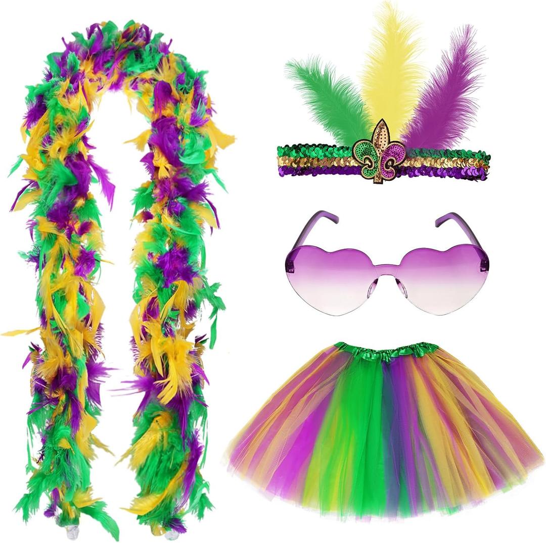 Fumwase 4PCS Mardi Gras Costume Accessories Set Includes Feather Fascinator Headband Faux Feather Boa Mardi Gras Outfits Tutus Skirt Heart Sunglasses Colorful for Men Women Halloween Party