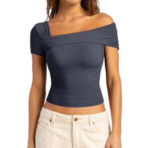 SUUKSESS Women One Off The Shoulder Summer Tank Tops Ruched Short Sleeve Shirts (Blue, L)