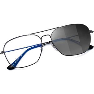 JM Aviator Blue Light Blocking Computer Glasses, Square Eye Protect Video Eyeglasses Anti Glare Men Women (Gunmetal Frame / Clear Into Grey Lens)