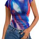 PRETTYGARDEN Women's Summer Floral Mesh Tank Tops 2025 Trendy Casual Cap Sleeve Slim Fitted Blouse Shirt Going Out Outfits (Blue, S)