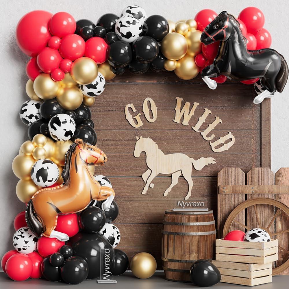 Western Cowboy Red Black Balloons Arch Garland Kit, 131Pcs Derby Day Balloons Run for the Roses Horse Racing Decorations, Kentucky Birthday Party Supplies