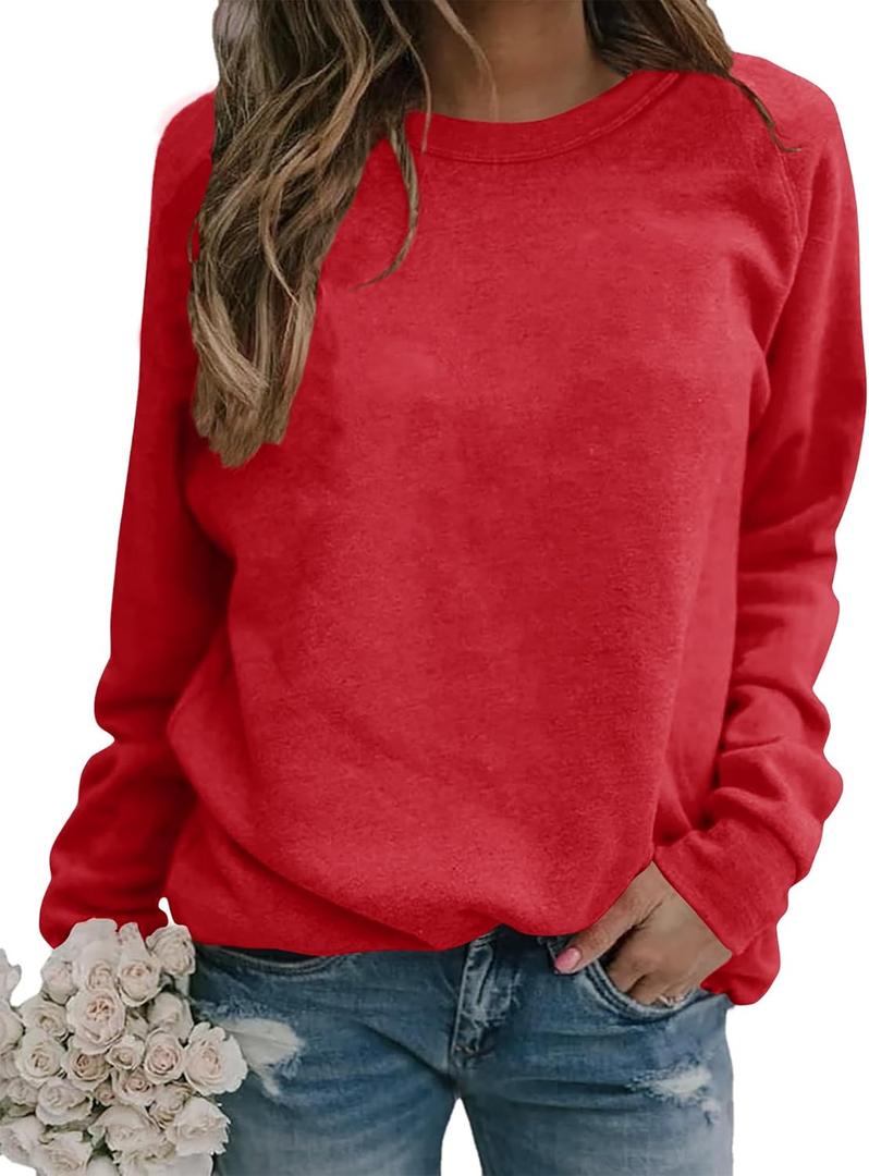 Smile Fish Womens Crewneck Long Raglan Sleeve Sweatshirt Relaxed Fit Pullover Tops (Medium, Red)