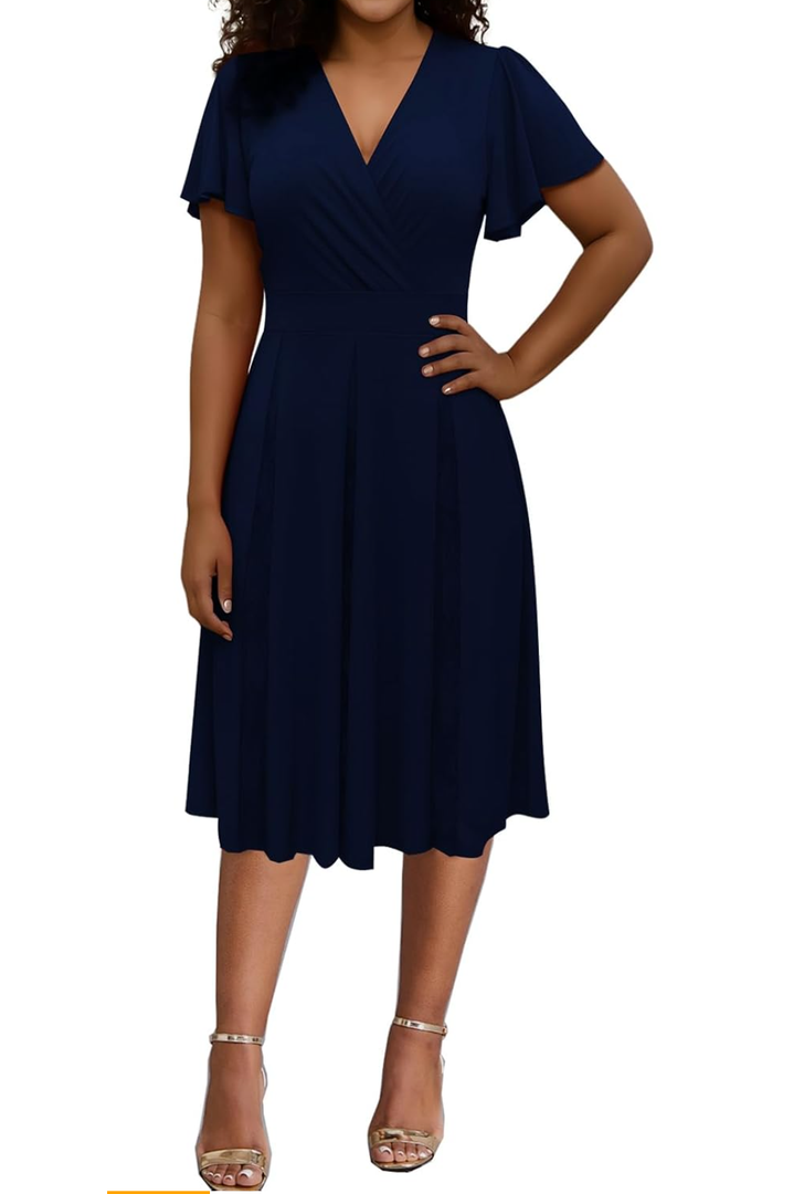 ZonJie Casual Dress for Women Elegant Summer Ruffle Cap Sleeve V Neck Swing A Line Cocktail Party Long Dresses Large