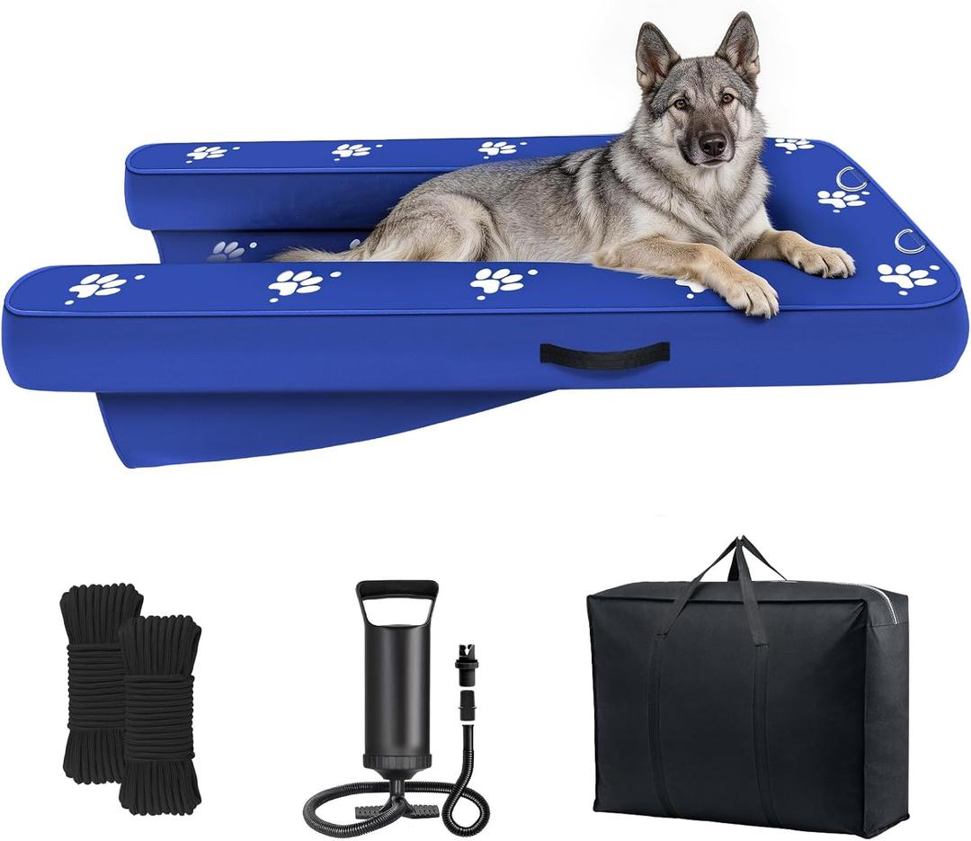 Inflatable Dock Platform, Dog Boat Ramp Floating Non-Slip Oxford and PVC with Lagre Water Ramp for Dogs Pool, Dock, Lake with Traction Rope, Manual Air Pump (4.7ft x 3ft x 6in) L02