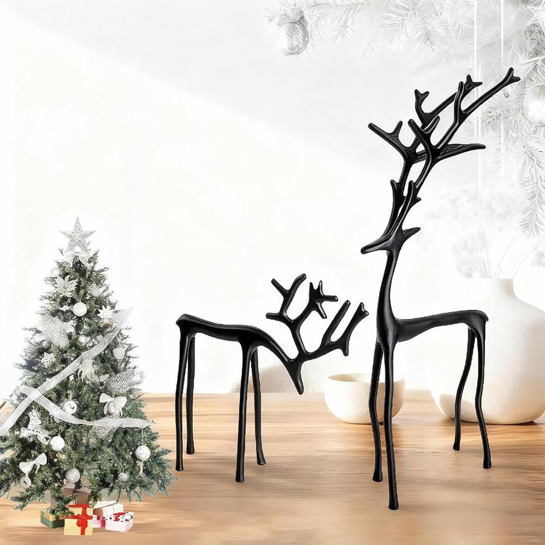 Black Reindeer Christmas Decor 2 Pack Statues Elegant Christmas Reindeer Figurines Modern Aluminum Alloy Holiday Decorations for Mantel Living Room Bedroom Office