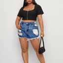 MapleHub Plus Size Denim Shorts Women High Waisted Ripped Folded Hem Jean Shorts (Blue)