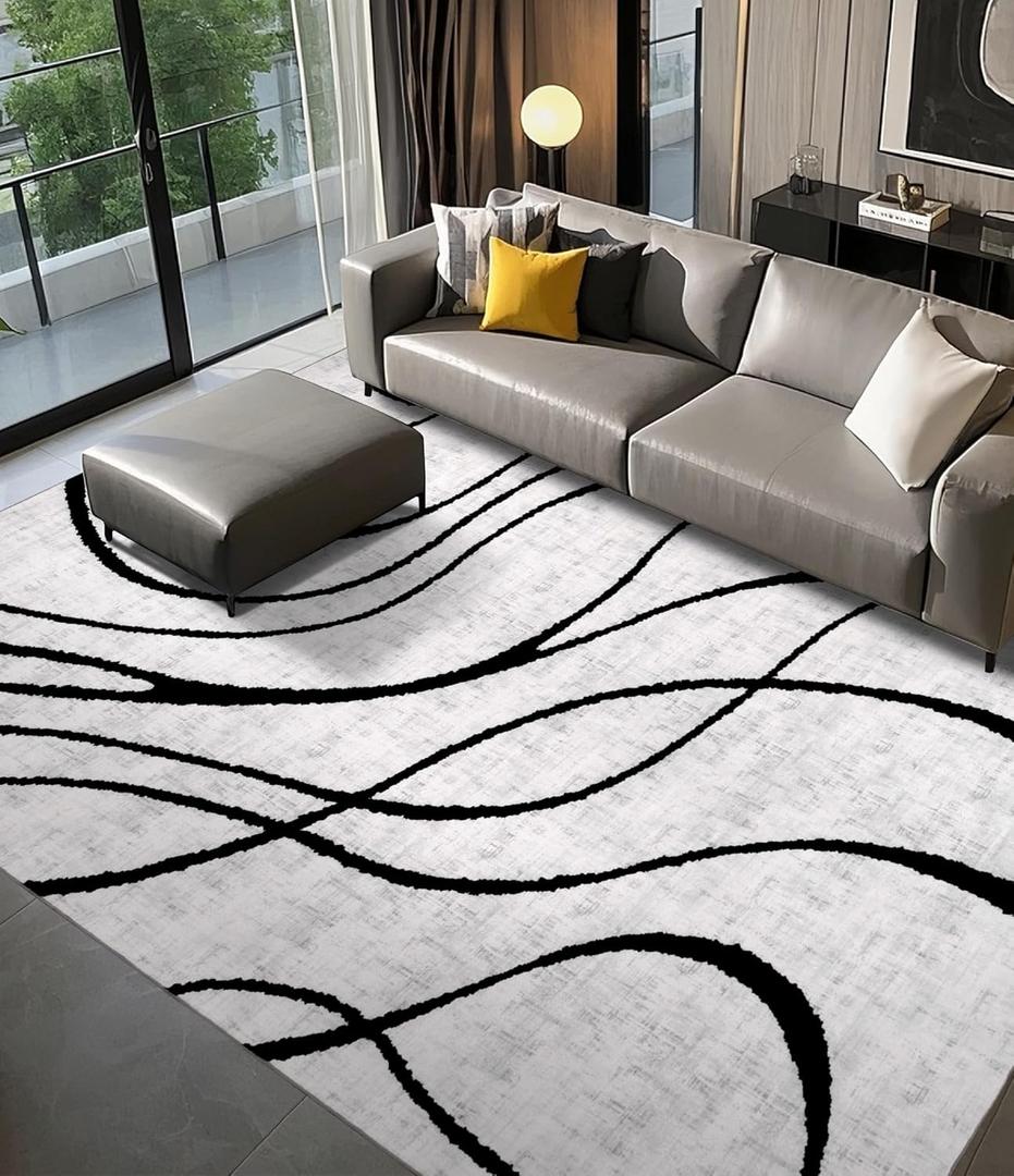 YIHOUSE Modern Rugs for Living Room, 8x10 Washable Black and White Area Rug, Thin Abstract Geometric Striped Rug, Area Rug for Bedroom,Kitchen,Dining Room,Office (Complex Lines)