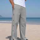 Mens Linen Pants Summer Casual Button Straight Beach Pants Baggy Elastic Waist Drawstring Yoga Trousers with Pockets (Gray, XL)
