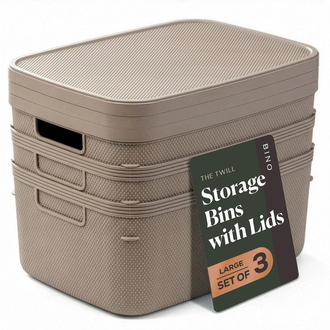 BINO | Plastic Storage Bins with Lids, 13 Liter - 3 Pack, Taupe | THE TWILL COLLECTION | Plastic Bins for Organization | Woven Storage Baskets for Organizing | Pantry Shelf Organizer Basket Bin