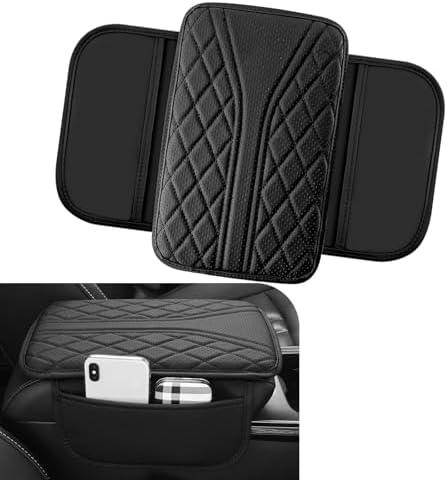 Ferianl Car Center Console Cover, Leather Auto Armrest Cover with 2 Storage Bags, Universal Cars Armrest Cushion, Vehicle Interior Accessories Protector for Sedan, SUV, Truck (Black)