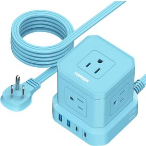 TOPREK Surge Protector Power Strip, 10 FT Flat Extension Cord with 5 Outlets, 2 USB-C & 2 USB-A, Power Strip with USB for Living Room, Nightstand, Office, Travel, Desk Charging Station, 700J