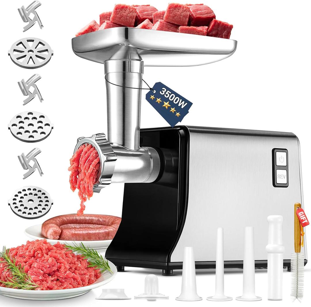 Electric Meat Grinder【3500W Super Motor】【3 Sets SUS304 Blade & Plate】Kubbe Kit, 3 Sausage Tubes, Quick Make for Meat, Kubbe, Sausage, Meat Grinders for Home Use (Black)