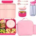 Kids Bento Lunch Box with 4 Compartments, Insulated lunch Bag, Water Bottle, Stainless Steel Food Jar, Birthday Gifts for Ages 3-12 Back to School Toddler Girls Boys (Pink)