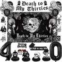 Crenics Death to My 30s Decorations - Death to My Thirties Backdrop, Banner, Honeycomb, Sash, Hanging Swirls, Cake Topper and Balloons for 40th Birthday Party Decorations for Women or Men (Black)