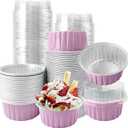 100Pcs Aluminum Cups with Lids,5oz Disposable Ramekin Baking Cups Muffin Liners Mini Pie Pans Foil Cupcake Containers for Christmas Party Wedding,Pink