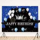 7x5ft Happy Birthday Backdrop Black White Balloon Theme Photography Background Glitter Blue Curtain Crown Fireworks Boys Kids Birthdays Party Banner Decorations Men Parties Photo Booth Prop (Color 1)