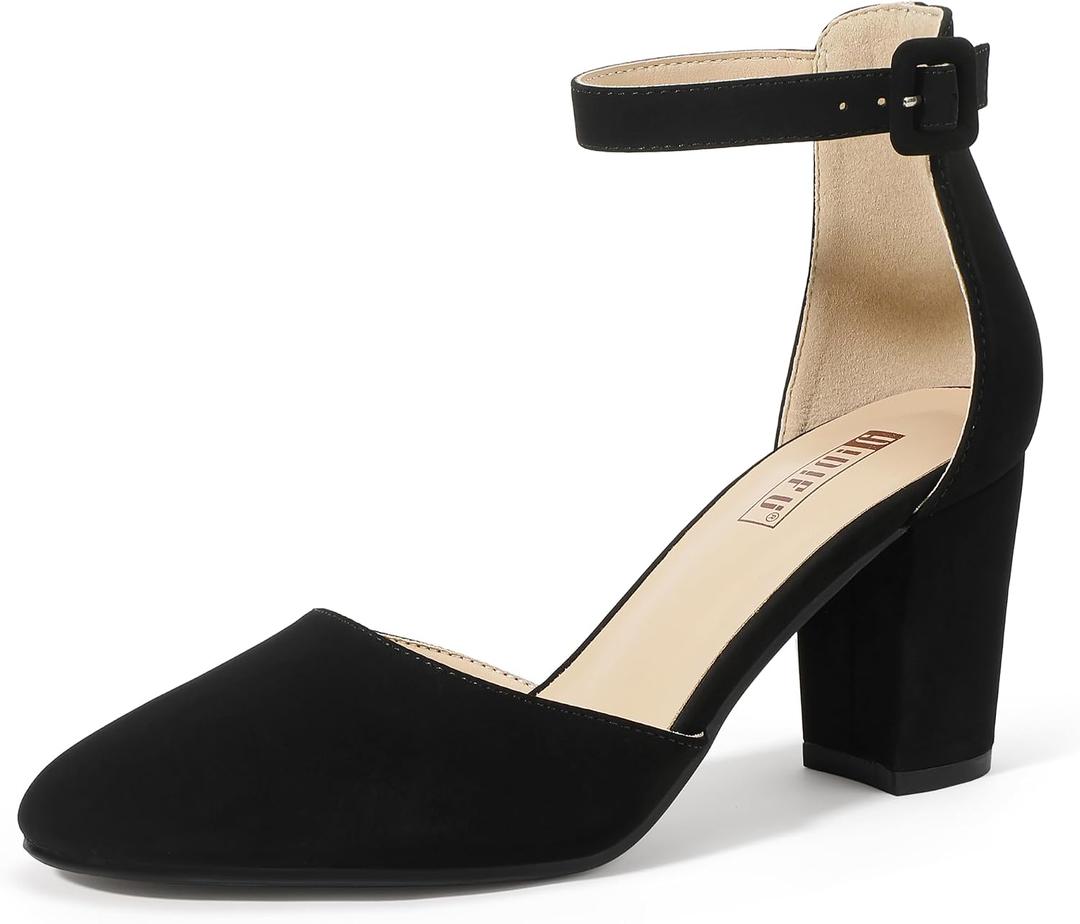 IDIFU IN3 Closed Toe Heels for Women High Chunky Block Heels Women's Pumps Comfortable Dressy Wedding Bride Party Homecoming Prom Work Shoes Fashion Ankle Strap Round Toe Dress Shoes Size US 8.5