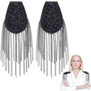 WEBEEDY 2 PCS Beaded Crystal Shoulder Patches Black Crystal Tassels Epaulet Handmade Sew on Shoulder Pad Shoulder Embellishment Epaulets Tassel Chain Metal Epaulettes Beads Punk Fringe Epaulet