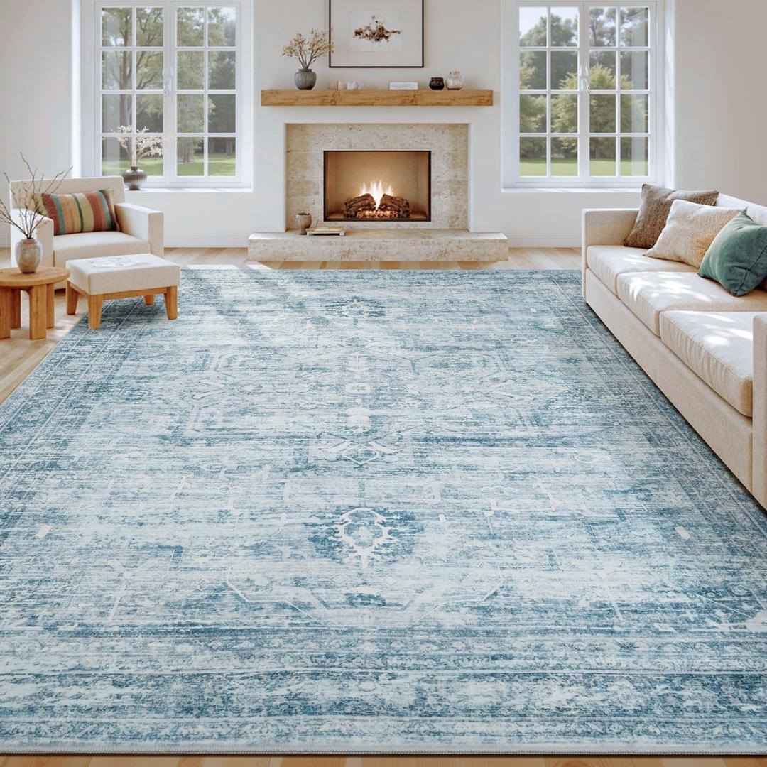9x12 Area Rugs for Living Room, Large Washable Rug, Blue