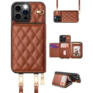 OCASE Compatible with iPhone 16 Pro Max Crossbody Wallet Case with Card Holder, PU Leather Zipper Handbag Phone Purse with RFID Blocking Kickstand Wrist Strap Lanyard 6.9 Inch, Diamond Check Brown