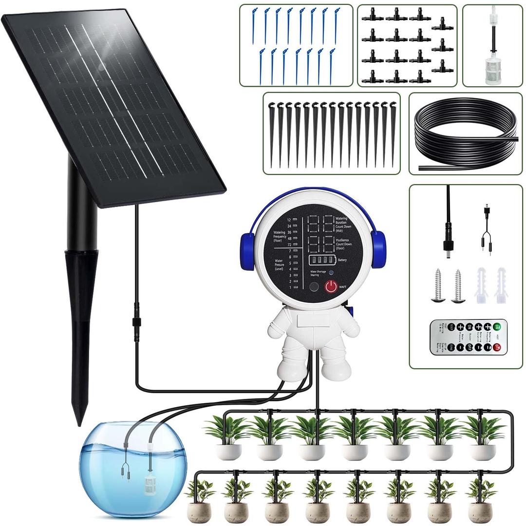 Solar Drip Irrigation System for Garden/Outdoor/Indoor, Garden Solar Automatic Watering System for 15 Potted Plants, Vacation Automatic Plant Waterer Outdoor with 2500mAh Battery, 50Ft Tube