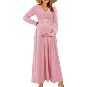Fall Maternity Maxi Dress Long Sleeve Wrap V Neck Baby Shower Pregnancy Dresses for Photoshoot Maternity Clothes XL