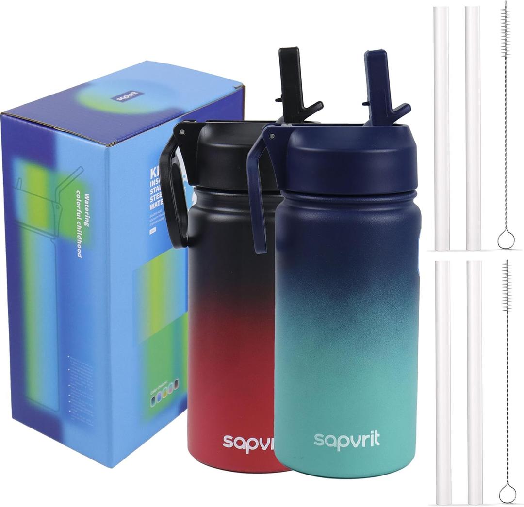 Water Bottle, 12 oz Water Bottles with Straw and Stickers, Stainless Steel Vacuum Double Wall Insulated cup,Water Bottle for School, Gifts for Girls (12OZ BLACK RED+12OZ BLUE GREEN)