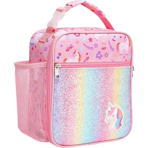 Bagseri Kids Lunch Box for Girls - Insulated Toddler Lunch Bag Fits Bento Box, Reusable Daycare Cooler Tote with Clip Handle, Water-Resistant Lining, Glitter Pink Unicorn (Standard Clip-On Series)