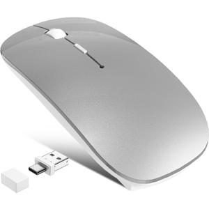 Wireless Mouse for MacBook Air iPad Pro Mac PC, Slim Bluetooth Rechargeable Computer Mice, 2 Mode Bluetooth 5.2/3.0 & 2.4G USB Type-C Receiver Optical Jiggler Mouse for Keep Computer Awake Grey