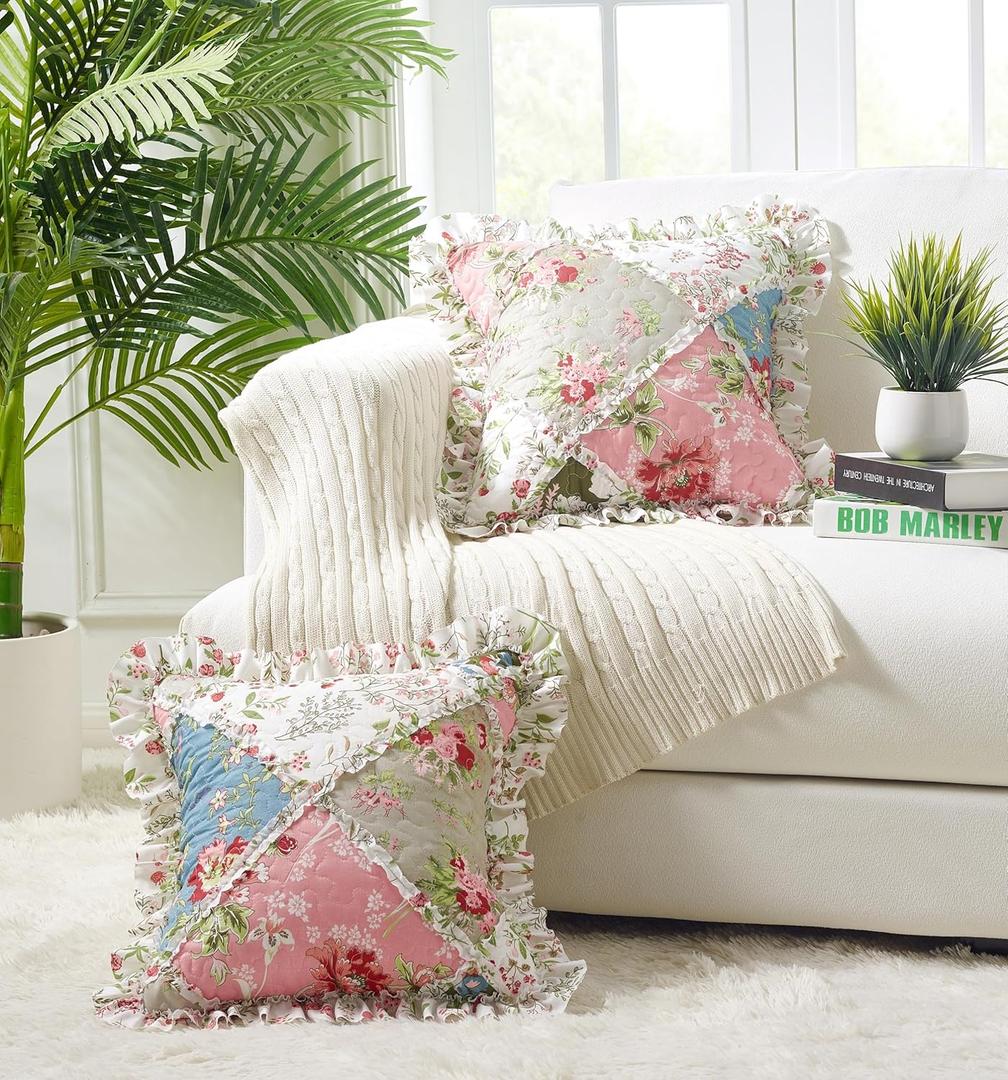 Brilliant Sunshine Multi Flowers Ruffle Pillowshams, Quilted Patchwork Decorative Pillow Covers Set, Square Throw Cushion Cases for Couch, Chair, Car, Bed, 18x18, Pack of 2, Peach Olive
