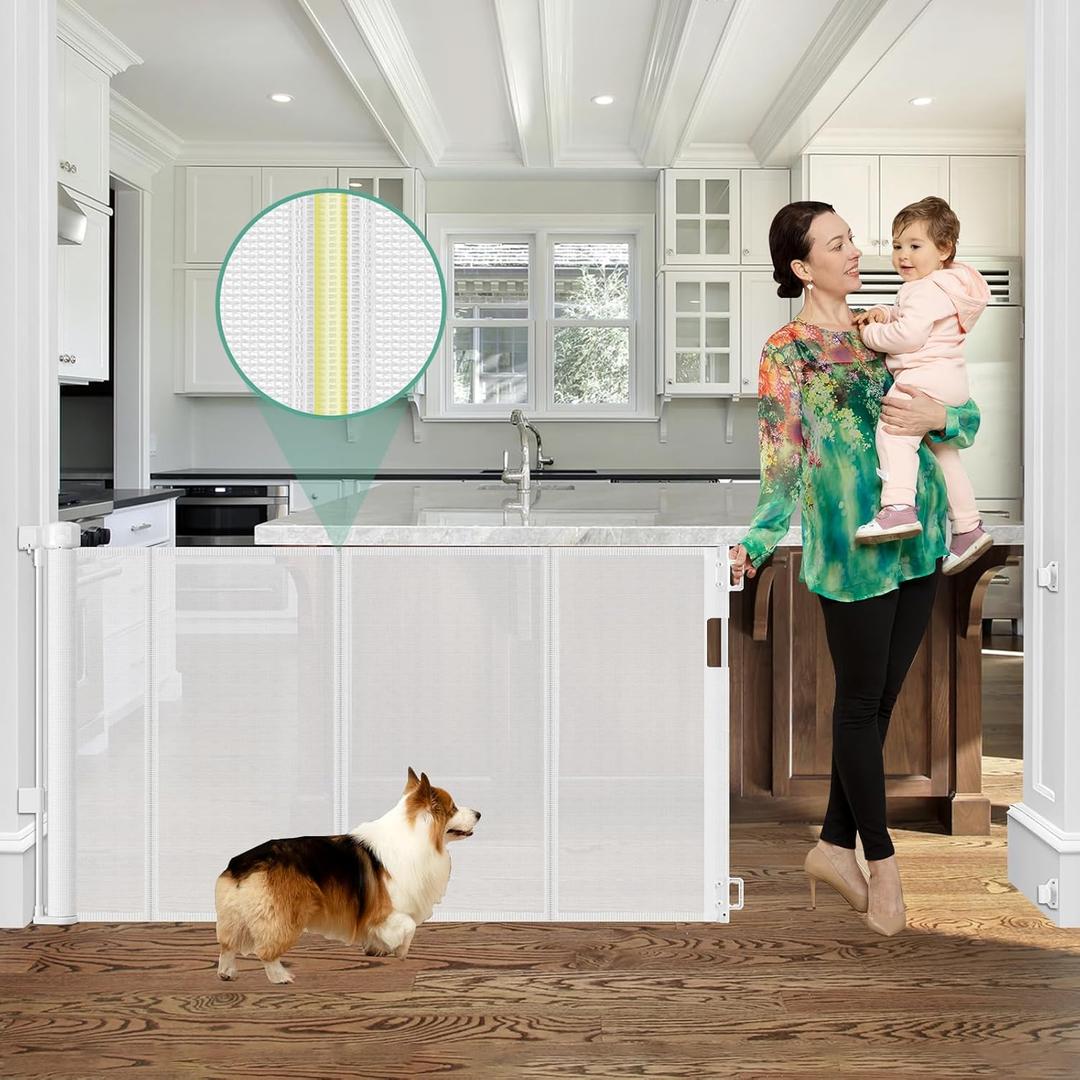 Reinforced 60" Wide Retractable Baby Gate with Reinforced Rods, 5 ft Retractable Dog Gate Indoor/Outdoor Baby Gate Retractable Gate - Bottom Anti-Escape, White ((33" Tall x 60" Wide))