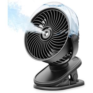 SWEETFULL Portable Misting Clip On Fan, USB-C Rechargeable Mini Personal Cooling Fan with 4 Speeds, 360° Rotatable, Quiet Cooling for Outdoor, Camping, Golf Cart, Travel, Stroller & Desk (Black)