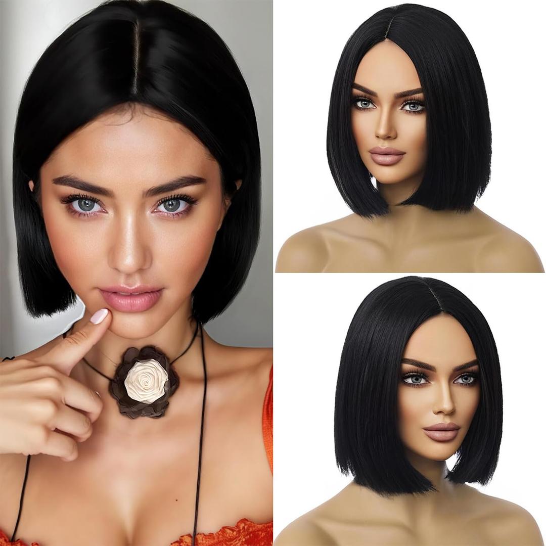 Black Wig Bob Wig Short Straight Hair Wigs Middle Part Black Wigs for Women Synthetic Heat Resistant Halloween Costume Party Wig with Hair Cap (10 Inch)
