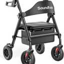 Soundfuse Foldable Rollator Walker for Seniors with Seat, 8'' PU Wheels, Black