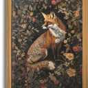 AKWISH Framed 3D Textured Vintage Wall Art - Dark Academia Decor Hand Drawn Sandstone Fox Paintings with Botanical Florals, Aesthetic Wall Decor for Living Room Bedroom Home 12x16 inch