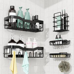Adhesive Shower Caddy 5-Pack Set  Rustproof Stainless Steel Bathroom Organizer Shelves with Hooks  No-Drill Shower Storage for Bathroom, Kitchen, Dorm, Apartment, Home Essentials